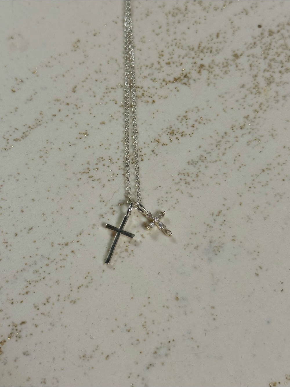 Double Cross Pendant Necklace - Sterling Silver & Crystals